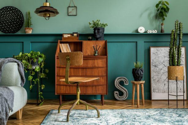 Stylish interior design with retro wooden cabinet.